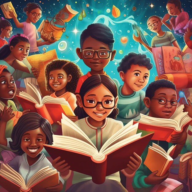 Happy Literacy Day Young People celebrate Literacy Day by reading books Ai Generated