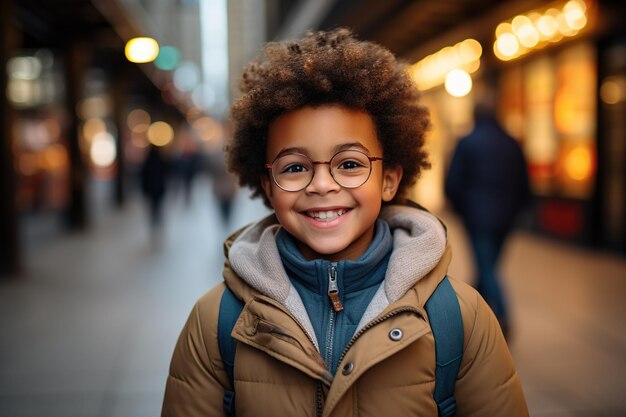 Photo happy little african american boy in eyeglasses with smartphone in city