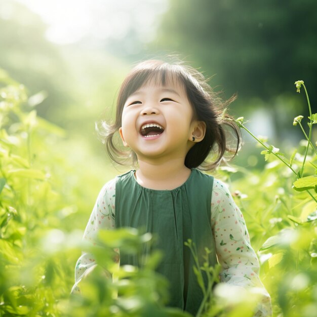 緑豊かな庭園で幸せなアジアの女の子