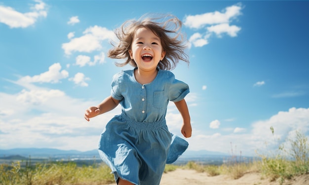 写真 青い空の背景で緑の夏のフィールドで走っている幸せな小さなアジアの女の子