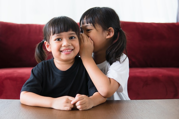 Happy little Asian siblings sharing secrets