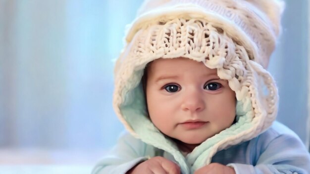 Happy little baby boy making outdoors in winter Cute toddler in winter cloth