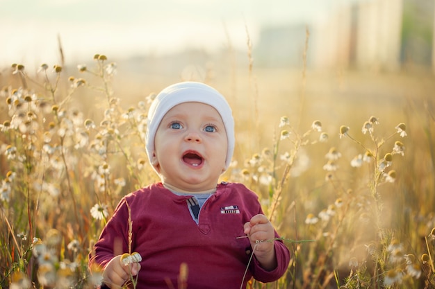 Happy little baby boy sitting and smiling on a meadow on the nature in summer sunny day.