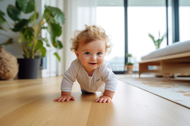 Happy little baby crawling at home on wooden floor in modern apartment