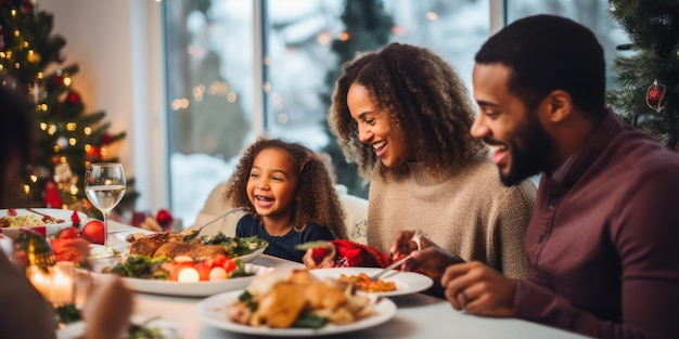 Photo happy little baby girl and diverse family in a christmas dinner in a modern home