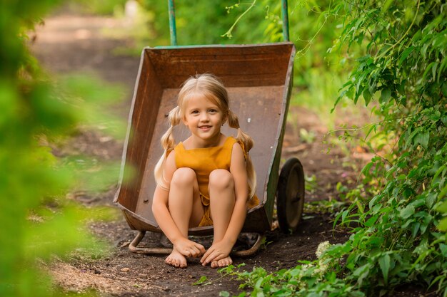 happy little blonde girl in the country in a garden wheelbarrow sitting smiling 