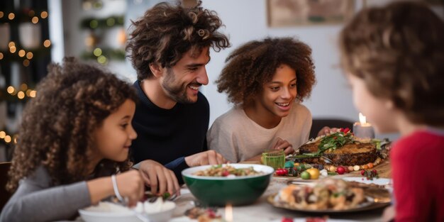 現代的な家庭でのクリスマスディナーで幸せな小さな男の子と多様な家族