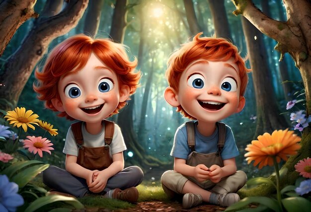 A happy little boy and girl are walking in a beautiful forest and laughing