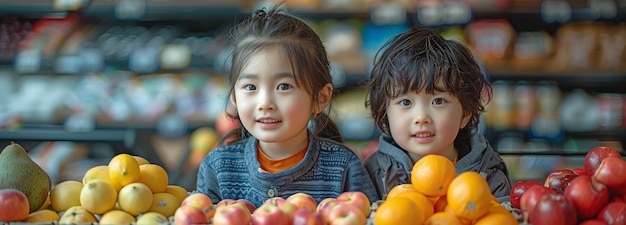 A happy little boy and girl from Asia select fresh delicious fruits from the grocery counter