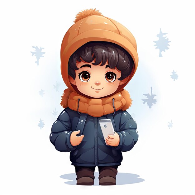 写真 冬のテーマのモバイルを握っている幸せな小さな男の子