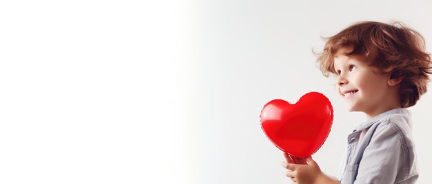 Foto bambino felice tiene un palloncino rosso a forma di cuore immagine con spazio di copia generato da ai