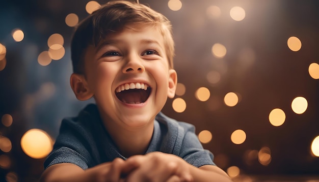 Счастливый маленький мальчик смеется и смотрит на камеру в украшенной на Рождество комнате