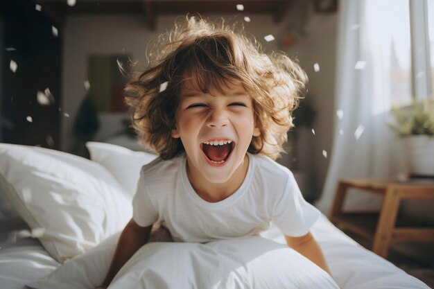사진 행복한 어린 소년이 집에서 침대에서 놀면서 웃고 있습니다.