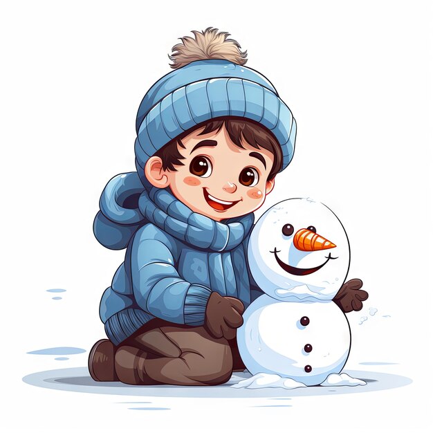 Happy little boy making a snowman