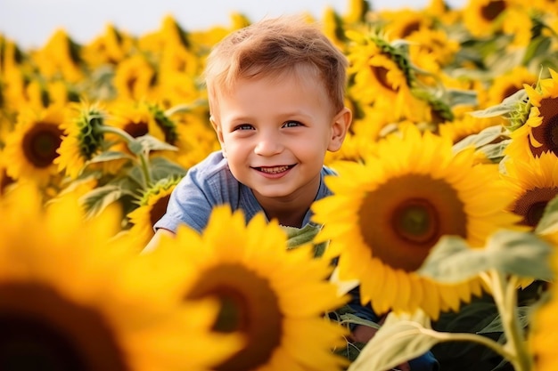 Happy little boy playing in a field of sunflowers