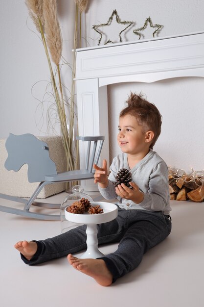 Happy little boy playing with pine cones. Laughing child, Christmas decoration. Celebration, Xmas time.