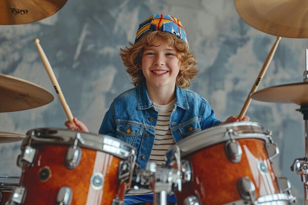 Photo a happy little boy practicing drum with copy space generative ai