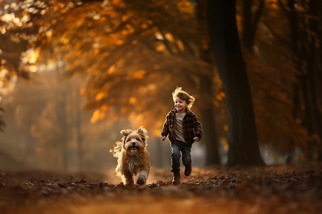 Happy little boy running with dog by fall forest on autumn day or evening Excited joyful child chasing with puppy Friendship of man and animal healthy lifestyle Childhood of young discoverer