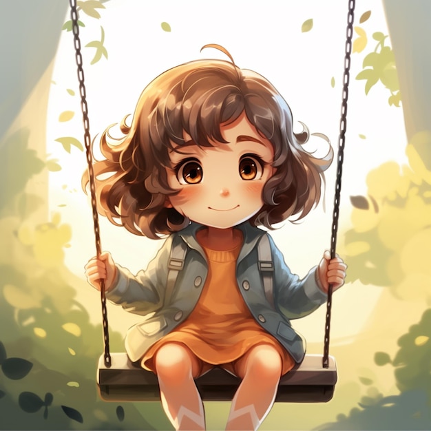 Happy little boy swinging on a swing in the park