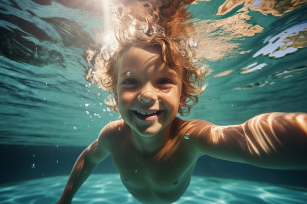 사진 수영장에서 셀카를 찍는 행복한 어린 소년 생성 ai