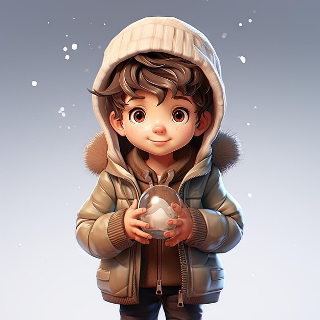 Happy little boy wearing a puffy jacket and holding a tiny snow globe