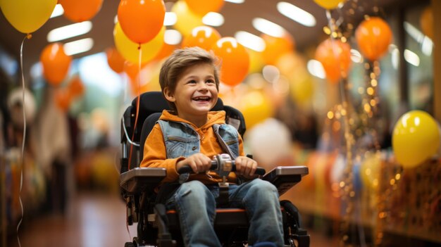 Happy little boy in wheelchair with balloons at birthday party or carnival