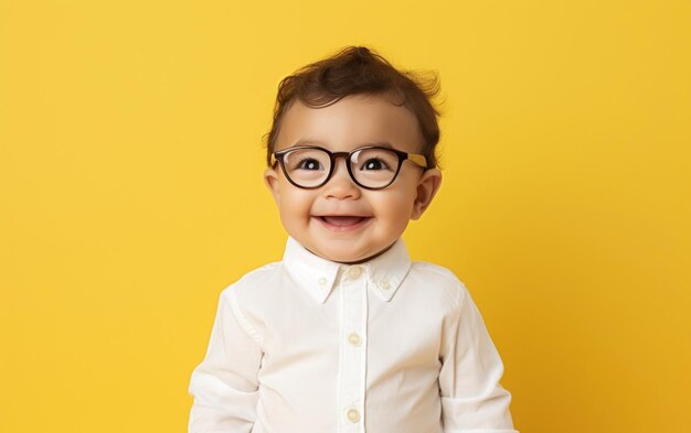 Happy little boy with eyewear showcasing a genuine smile against a yellow backdrop