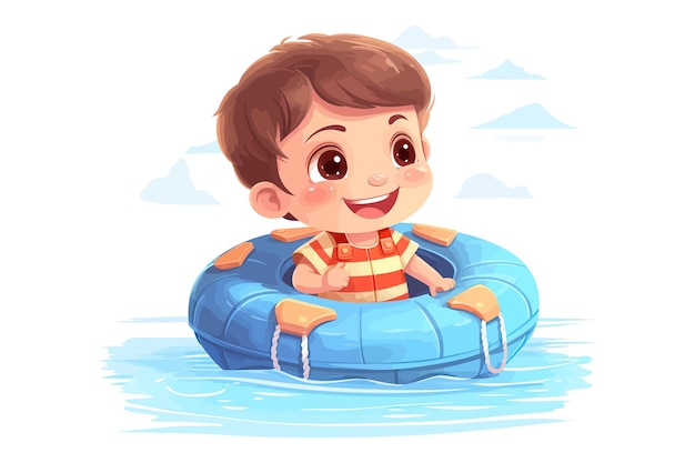Счастливый маленький мальчик со спасательным кругом, играя на пляже мультфильм Плоские графические векторные иллюстрации, изолированные на белом фоне