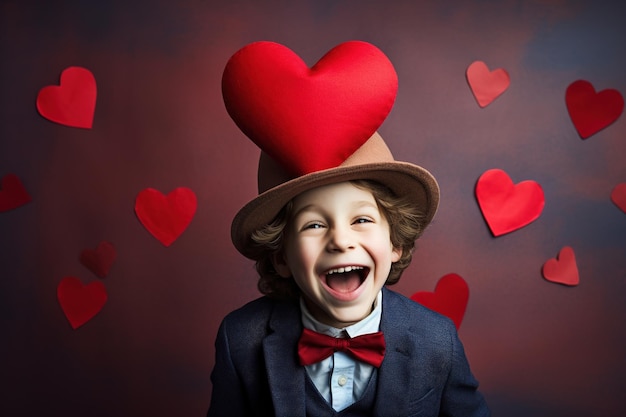 Happy little boy with red hearts on Valentine's Day