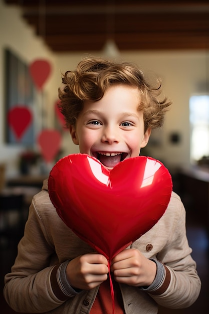 Счастливый мальчик с красными сердцами в День святого Валентина