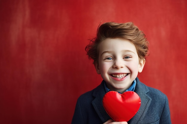 Happy little boy with red hearts on Valentine's Day