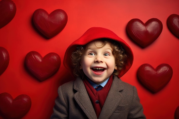 Happy little boy with red hearts on Valentine's Day