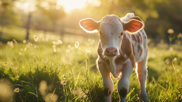 Happy little calf standing on fresh grass in the sunlight AI Generative