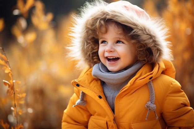Фото Счастливая маленькая девочка смеется и играет осенью на прогулке по природе на улице