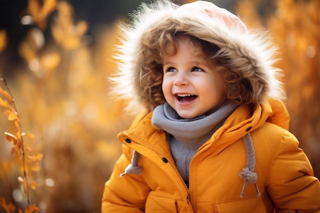 Happy little child baby girl laughing and playing in the autumn on the nature walk outdoors