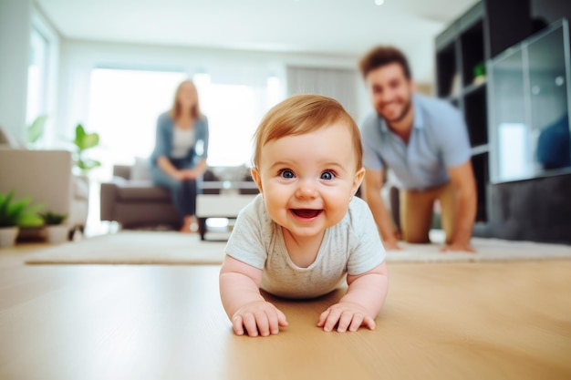 Счастливый маленький ребенок ползает дома на полу в современной квартире против