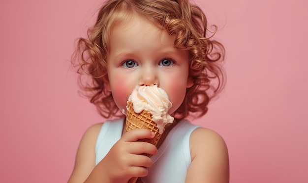 Счастливый маленький ребенок ест мороженое в жаркий день