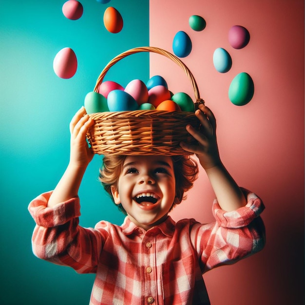 Foto bambino felice con un cesto con uova di pasqua colorate su uno sfondo colorato