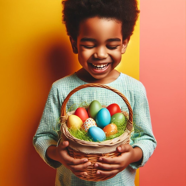 Happy little child holding basket with colorful easter eggs over colorful background