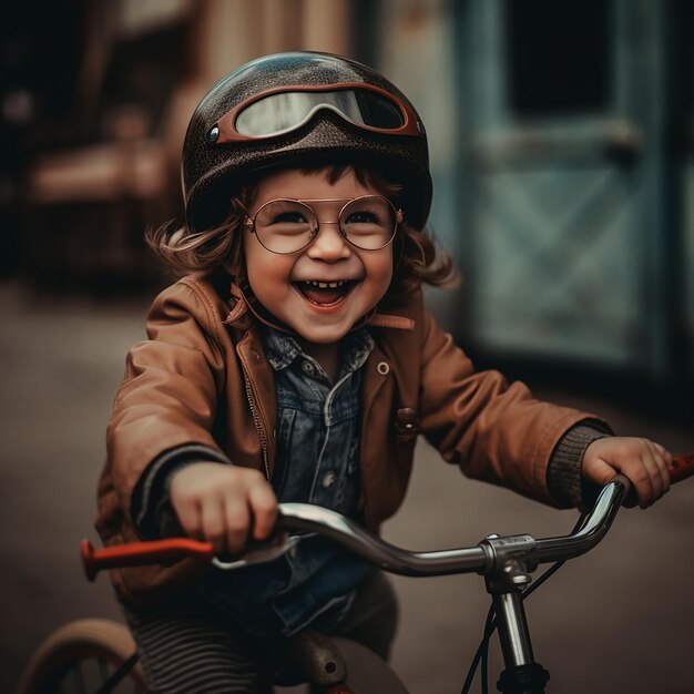 Foto un bambino felice fuori che impara ad andare in bicicletta ai generativo