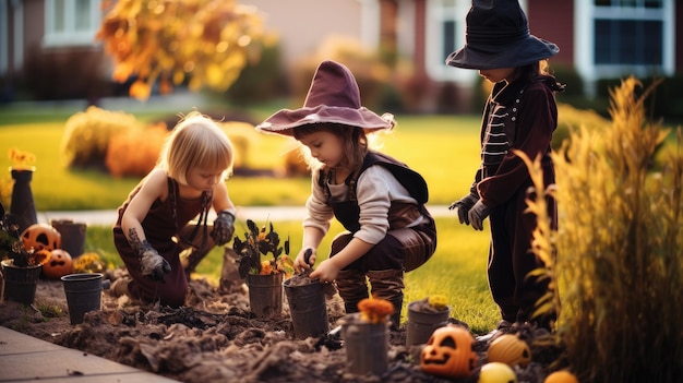 Happy little children are preparing for halloween making pumpkin crafts in a clearing in garden