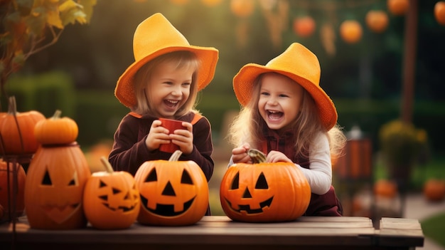 Happy little children are preparing for halloween making pumpkin crafts in a clearing in garden