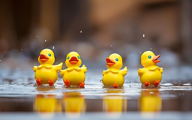 Happy little childrens jumps in puddles with rubber