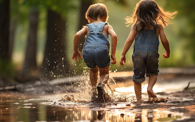 Happy little childrens jumps in puddles with rubber