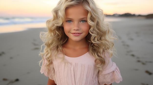 Happy little curly blonde girl playing and building sandcastles on the serene beach