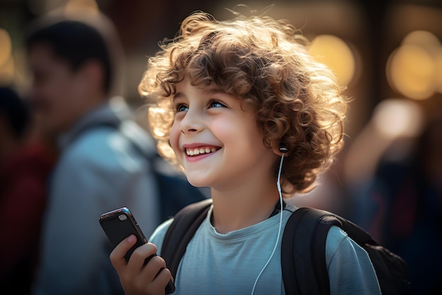 Photo happy little cute boy using a smartphone mobile digital devices daily lives alpha generation native