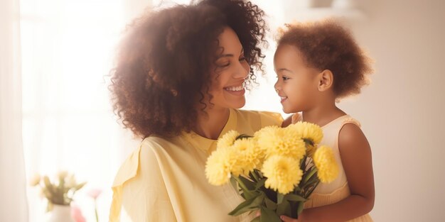 Happy little daughter congratulates mom on the holiday hugs her and gives a bouquet of flowers at home