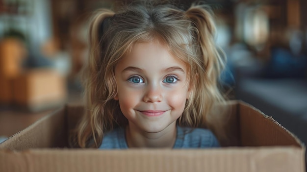 Happy little daughter with cardboard box in new apartment