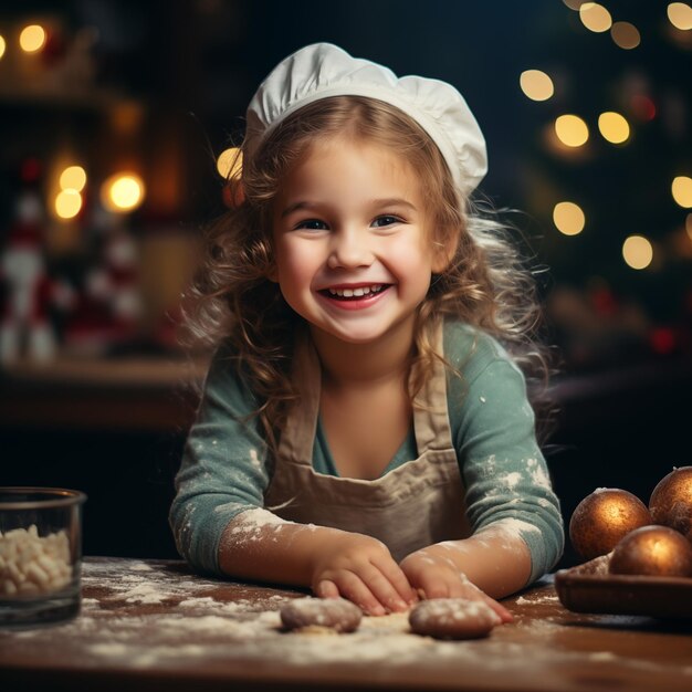 Счастливая маленькая девочка выпекает рождественские печенье на уютной кухне дома Рождественские украшения