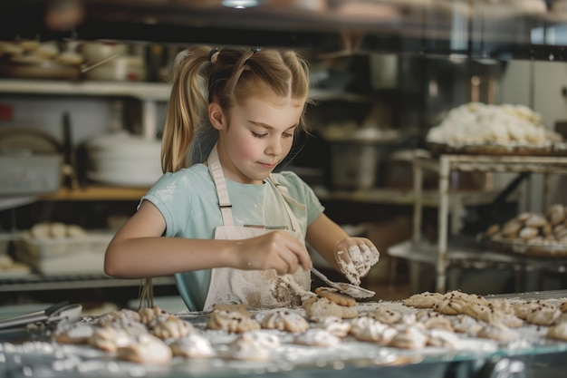 Photo happy little girl bake christmas cookies on cozy kitchen